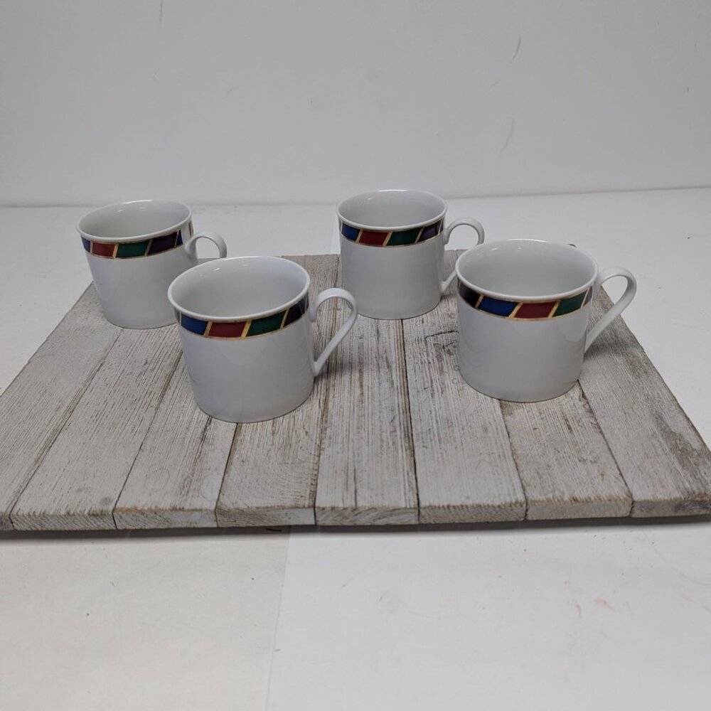 Vintage Pier 1 CELEBRATION Flat Coffee Tea Cups Porcelain Gold Trim Set of 4